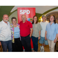 der SPD-Ortsvereins-Vorstand: Dirk Reichenau, Alexandra Jilg, Ali Spirkl, Susanne Thomas, Quirin Spirkl und Gerda Poschmann-Reichenau